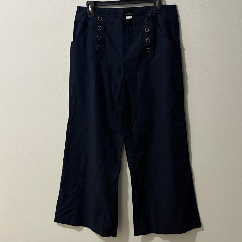 VENUS Dark Blue Wide-Leg Pants with Button Accents
